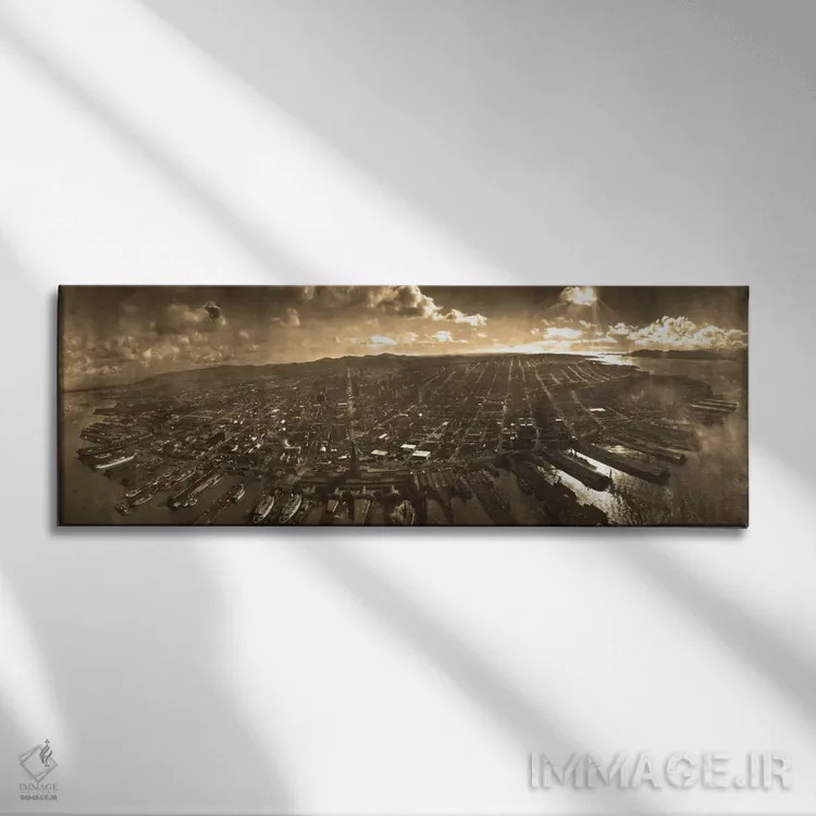 تابلو نمای پانورامای آسماننمای سانفرانسیسکو (سپیا) اثر هنرمند ناشناس - نمای روبهرو روی دیوار