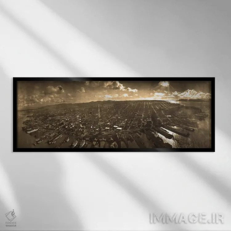 تابلو نمای پانورامای آسماننمای سانفرانسیسکو (سپیا) اثر هنرمند ناشناس - نمای قابدار مشکی