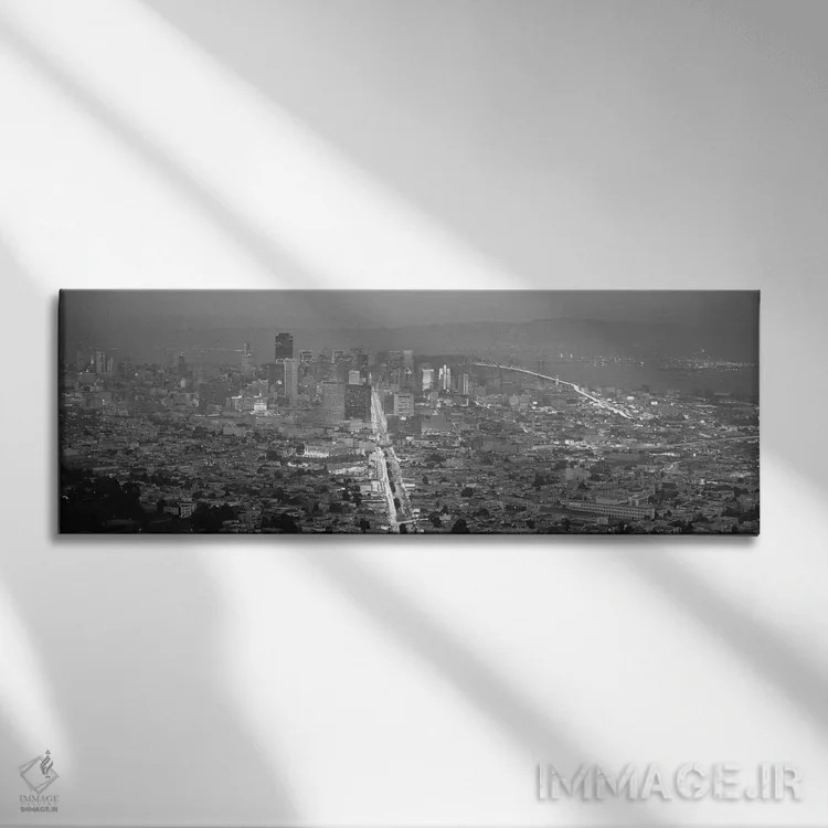تابلو نمای پانورامای آسماننمای سانفرانسیسکو (غروب سیاه و سفید) اثر هنرمند ناشناس - نمای روبهرو روی دیوار