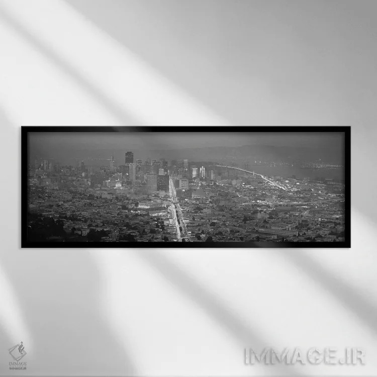 تابلو نمای پانورامای آسماننمای سانفرانسیسکو (غروب سیاه و سفید) اثر هنرمند ناشناس - نمای قابدار مشکی