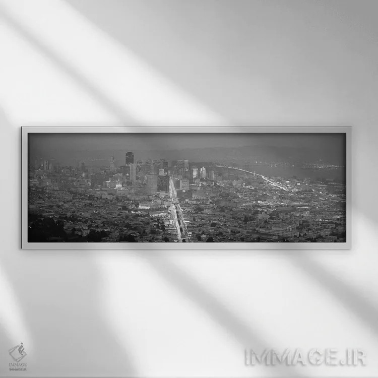 تابلو نمای پانورامای آسماننمای سانفرانسیسکو (غروب سیاه و سفید) اثر هنرمند ناشناس - نمای قابدار سفید