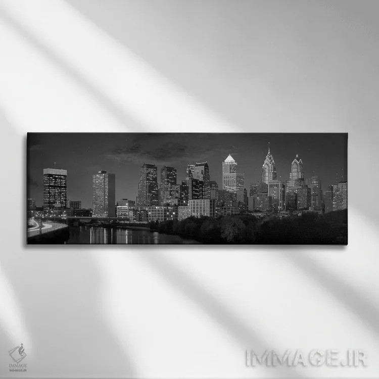 تابلو نمای پانورامای آسماننمای فیلادلفیا (سیاه و سفید) اثر هنرمند ناشناس - نمای روبهرو روی دیوار