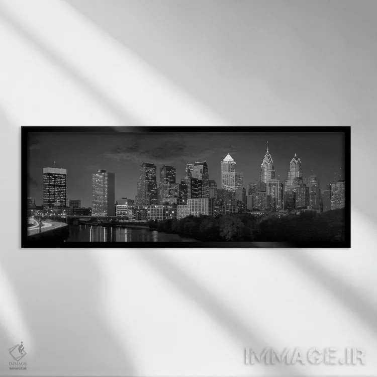 تابلو نمای پانورامای آسماننمای فیلادلفیا (سیاه و سفید) اثر هنرمند ناشناس - نمای قابدار مشکی