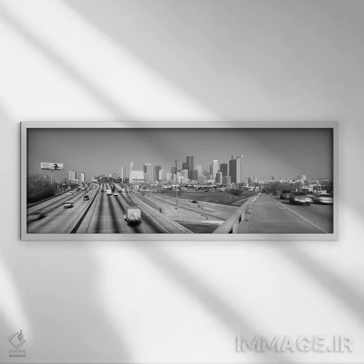 تابلو نمای پانورامای آسماننمای هیوستون (سیاه و سفید) اثر هنرمند ناشناس - نمای قابدار سفید