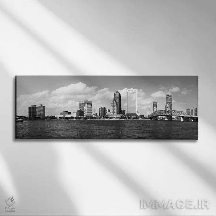تابلو نمای پانورامای آسماننمای جکسونویل (سیاه و سفید) اثر هنرمند ناشناس - نمای روبهرو روی دیوار