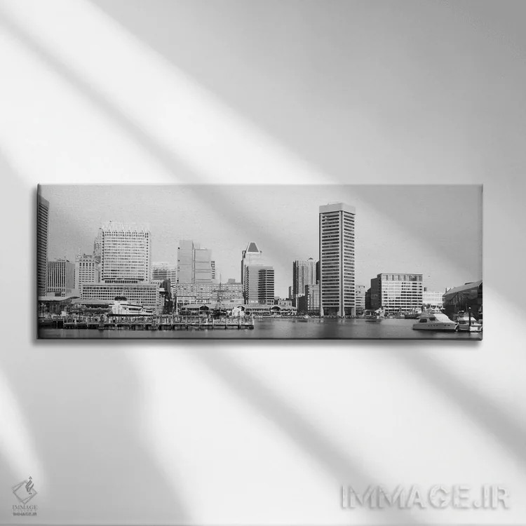 تابلو نمای پانورامای آسماننمای بالتیمور (سیاه و سفید) اثر هنرمند ناشناس - نمای روبهرو روی دیوار