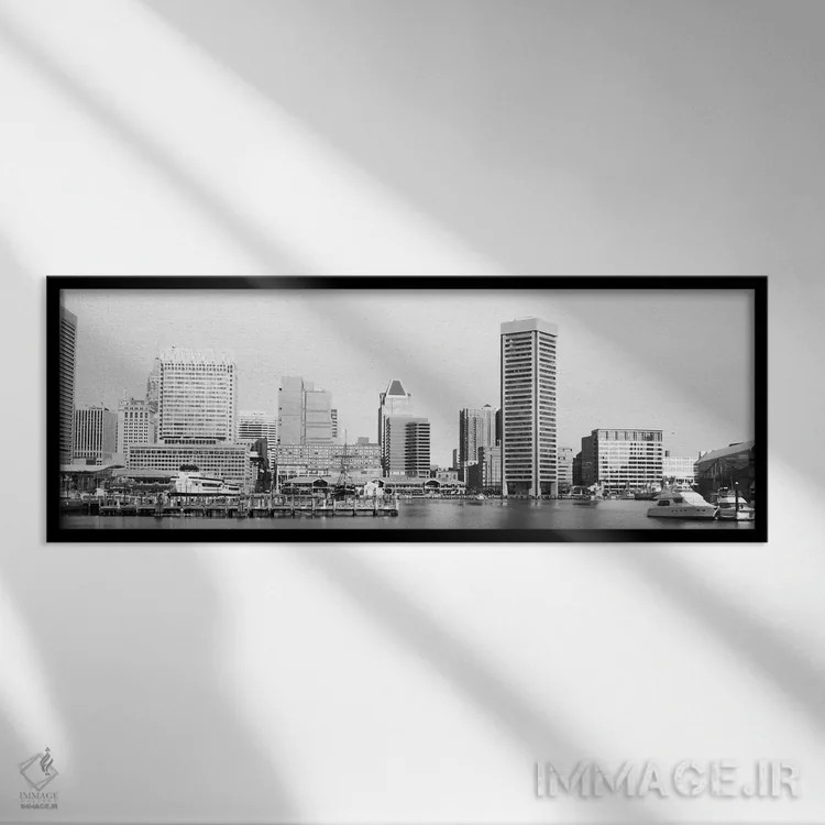 تابلو نمای پانورامای آسماننمای بالتیمور (سیاه و سفید) اثر هنرمند ناشناس - نمای قابدار مشکی