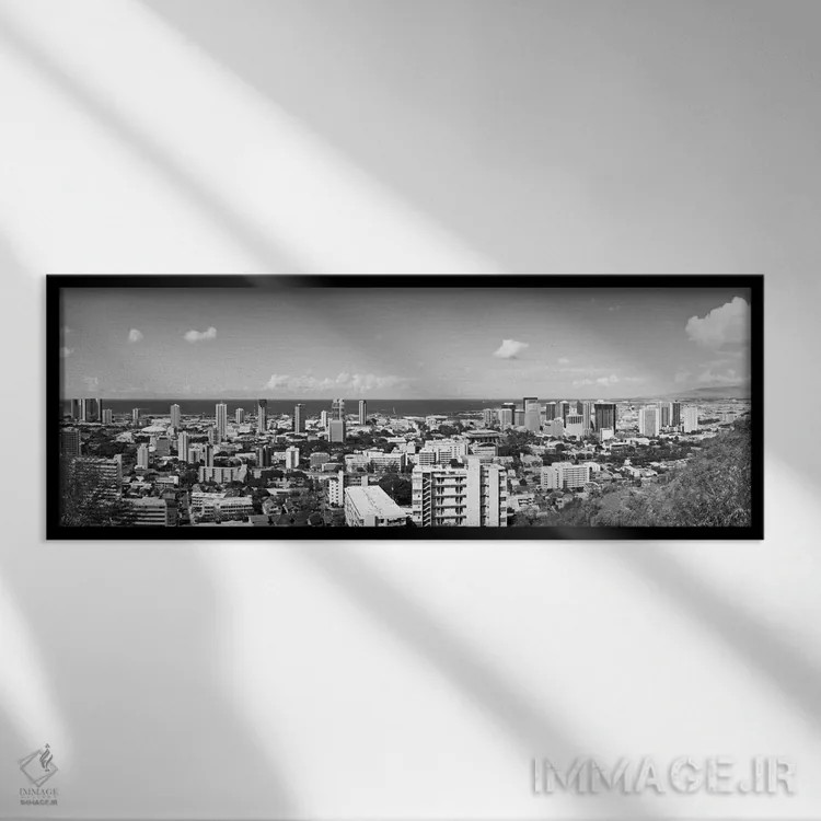 تابلو نمای پانورامای آسماننمای هونولولو (سیاه و سفید) اثر هنرمند ناشناس - نمای قابدار مشکی