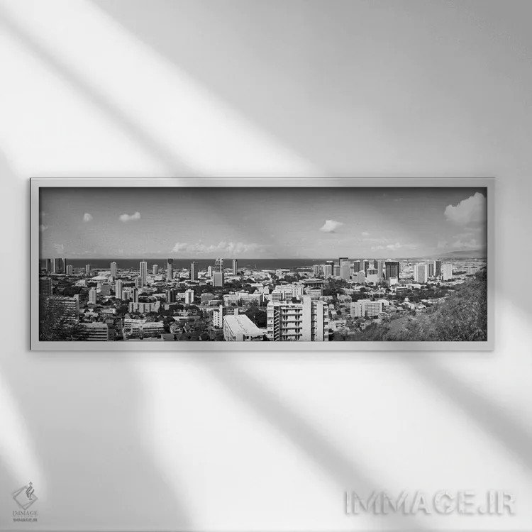 تابلو نمای پانورامای آسماننمای هونولولو (سیاه و سفید) اثر هنرمند ناشناس - نمای قابدار سفید