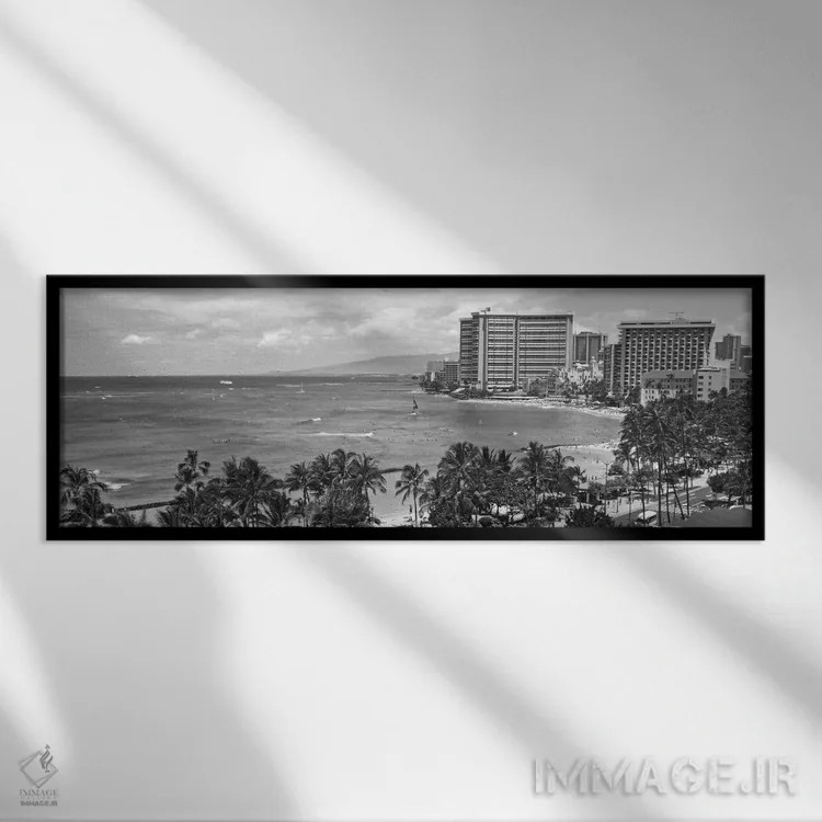 تابلو نمای پانورامای آسماننمای هونولولو (سیاه و سفید) اثر هنرمند ناشناس - نمای قابدار مشکی
