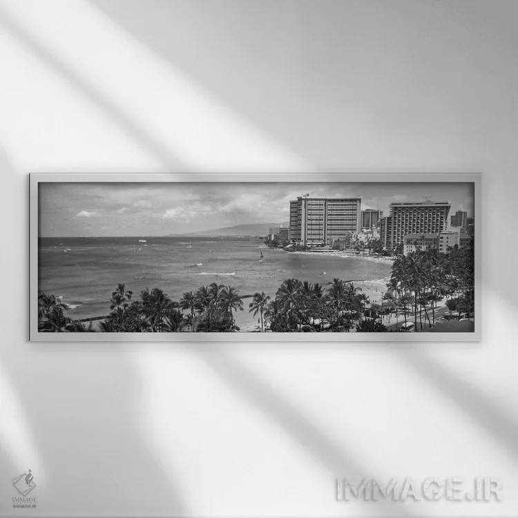 تابلو نمای پانورامای آسماننمای هونولولو (سیاه و سفید) اثر هنرمند ناشناس - نمای قابدار سفید