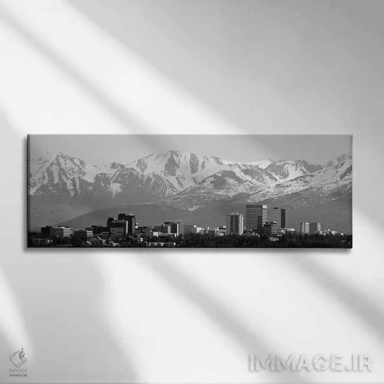 تابلو نمای پانورامای آسماننمای انکوریج (سیاه و سفید) اثر هنرمند ناشناس - نمای روبهرو روی دیوار