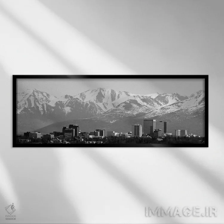 تابلو نمای پانورامای آسماننمای انکوریج (سیاه و سفید) اثر هنرمند ناشناس - نمای قابدار مشکی