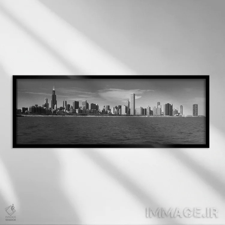 تابلو نمای پانورامای آسماننمای شیکاگو (سیاه و سفید) اثر هنرمند ناشناس - نمای قابدار مشکی