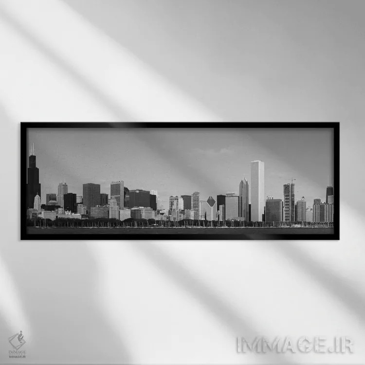 تابلو نمای پانورامای آسماننمای شیکاگو (سیاه و سفید) اثر هنرمند ناشناس - نمای قابدار مشکی