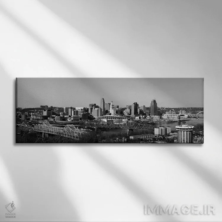تابلو نمای پانورامای آسماننمای سینسیناتی (سیاه و سفید) اثر هنرمند ناشناس - نمای روبهرو روی دیوار