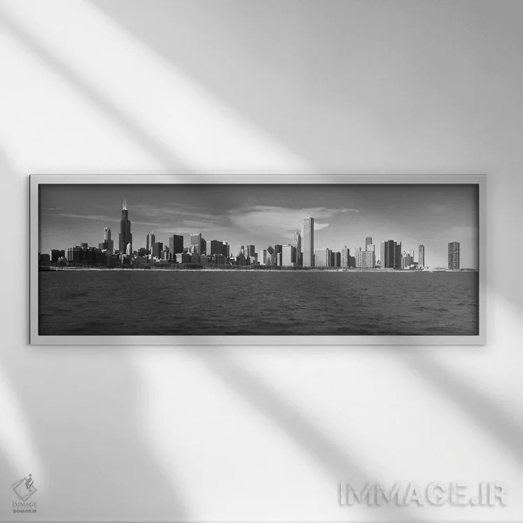 تابلو نمای پانورامای آسماننمای شیکاگو (سیاه و سفید) اثر هنرمند ناشناس - نمای قابدار سفید