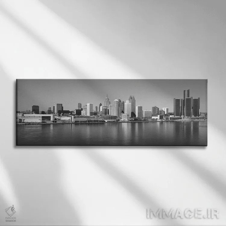 تابلو نمای پانورامای آسماننمای دیترویت (سیاه و سفید) اثر هنرمند ناشناس - نمای روبهرو روی دیوار