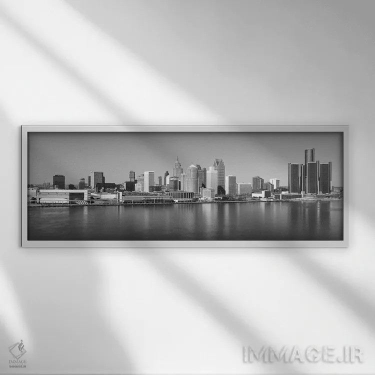 تابلو نمای پانورامای آسماننمای دیترویت (سیاه و سفید) اثر هنرمند ناشناس - نمای قابدار سفید