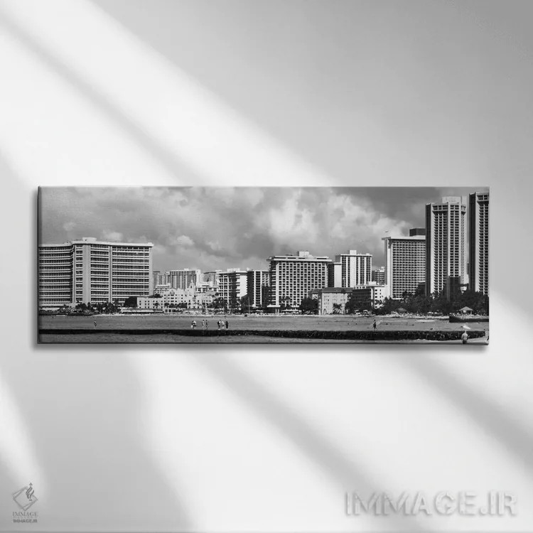 تابلو نمای پانورامای آسماننمای هونولولو (سیاه و سفید) اثر هنرمند ناشناس - نمای روبهرو روی دیوار