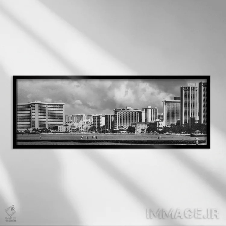 تابلو نمای پانورامای آسماننمای هونولولو (سیاه و سفید) اثر هنرمند ناشناس - نمای قابدار مشکی