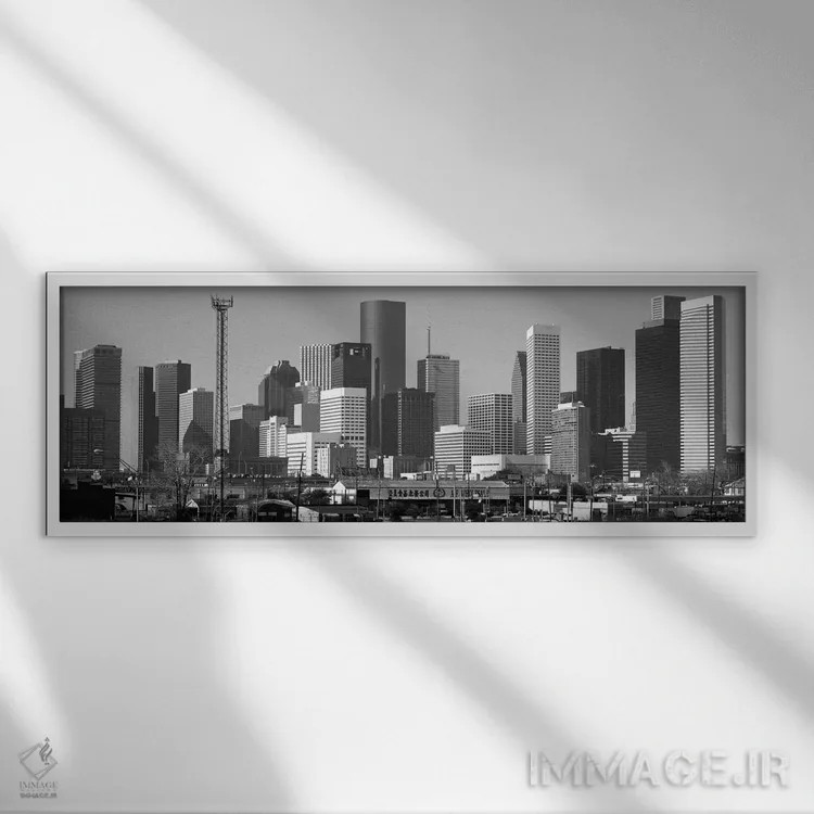 تابلو نمای پانورامای آسماننمای هیوستون (سیاه و سفید) اثر هنرمند ناشناس - نمای قابدار سفید