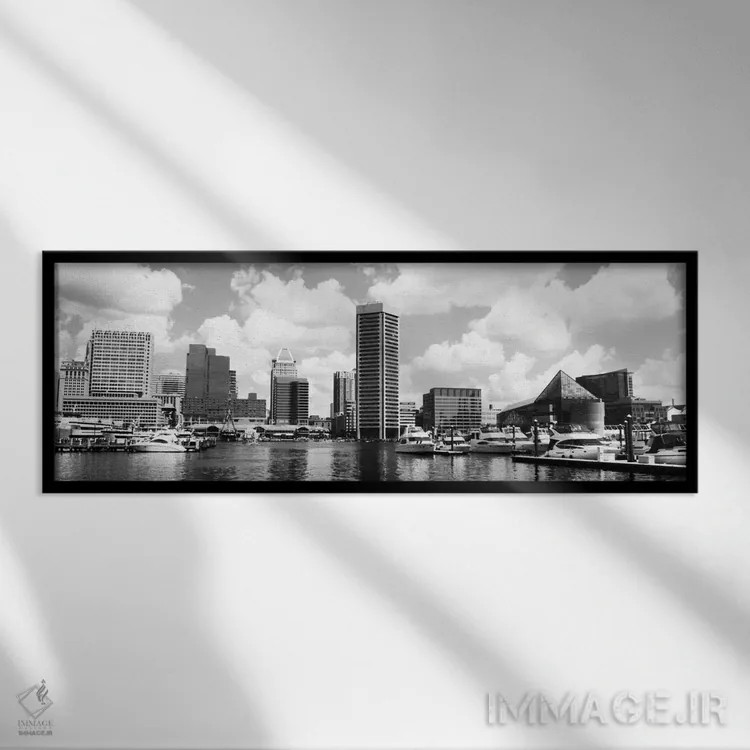 تابلو نمای پانورامای آسماننمای بالتیمور (سیاه و سفید) اثر هنرمند ناشناس - نمای قابدار مشکی