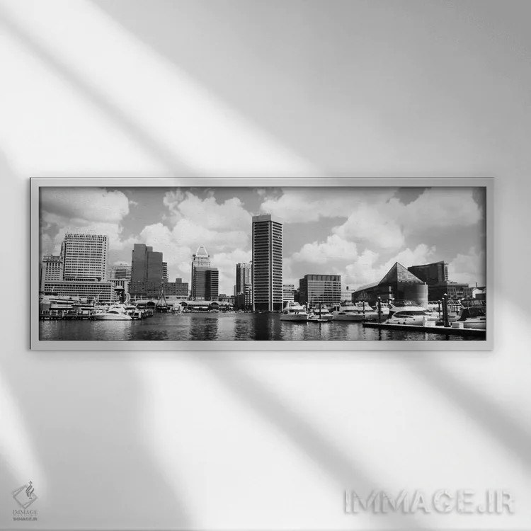 تابلو نمای پانورامای آسماننمای بالتیمور (سیاه و سفید) اثر هنرمند ناشناس - نمای قابدار سفید