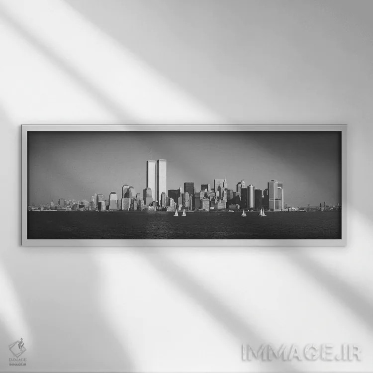 تابلو نمای پانورامای آسماننمای نیویورک (سیاه و سفید) اثر هنرمند ناشناس - نمای قابدار سفید