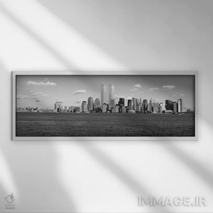 تابلو نمای پانورامای آسماننمای نیویورک (سیاه و سفید) اثر هنرمند ناشناس - نمای قابدار سفید