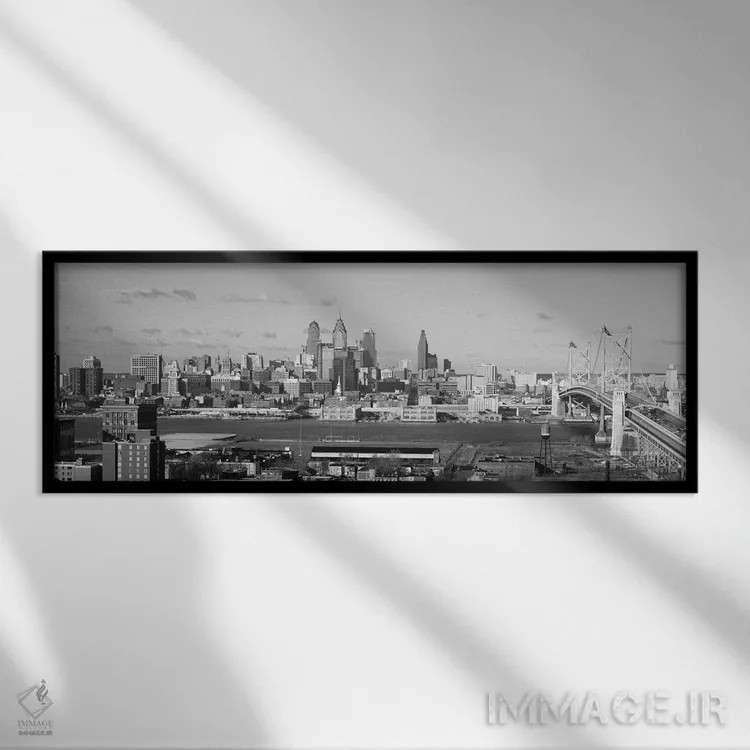تابلو منظرهٔ گستردهٔ آسماننمای فیلادلفیا (سیاه و سفید) اثر هنرمند ناشناس - نمای قابدار مشکی