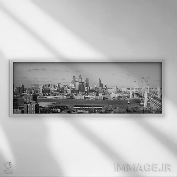 تابلو منظرهٔ گستردهٔ آسماننمای فیلادلفیا (سیاه و سفید) اثر هنرمند ناشناس - نمای قابدار سفید