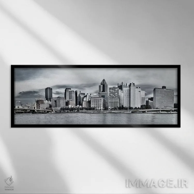 تابلو منظرهٔ گستردهٔ آسماننمای پیتسبرگ اثر هنرمند ناشناس - نمای قابدار مشکی