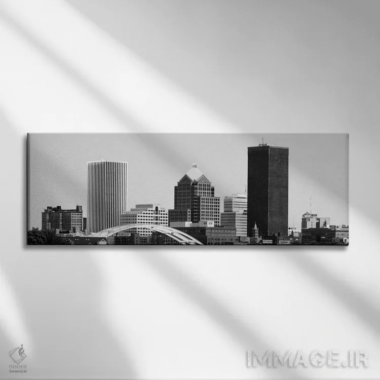 تابلو منظرهٔ گستردهٔ آسماننمای راچستر (سیاه و سفید) اثر هنرمند ناشناس - نمای روبهرو روی دیوار