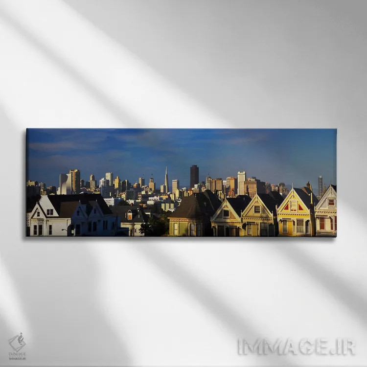 تابلو منظرهٔ گستردهٔ آسماننمای سانفرانسیسکو اثر هنرمند ناشناس - نمای روبهرو روی دیوار