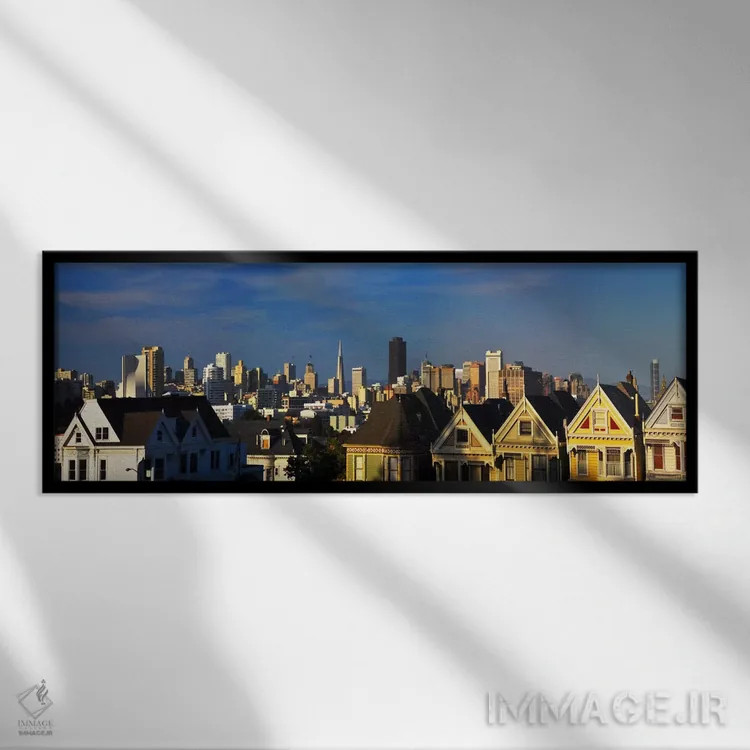 تابلو منظرهٔ گستردهٔ آسماننمای سانفرانسیسکو اثر هنرمند ناشناس - نمای قابدار مشکی