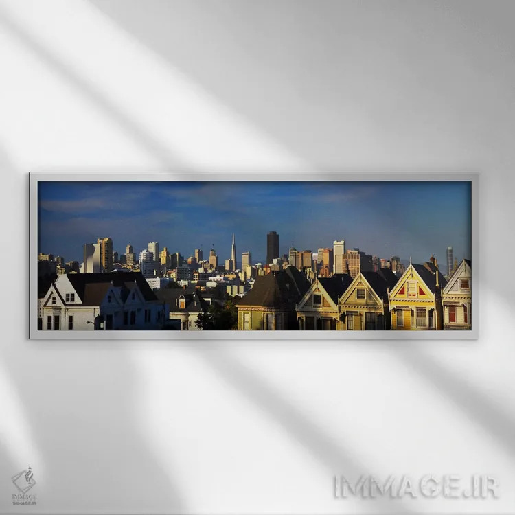 تابلو منظرهٔ گستردهٔ آسماننمای سانفرانسیسکو اثر هنرمند ناشناس - نمای قابدار سفید