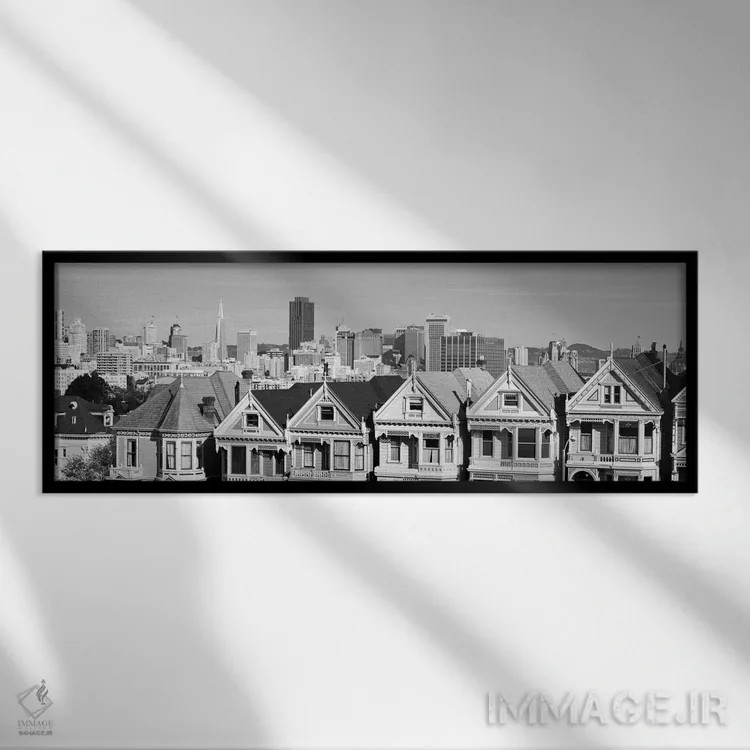 تابلو منظرهٔ گستردهٔ آسماننمای سانفرانسیسکو (سیاه و سفید) اثر هنرمند ناشناس - نمای قابدار مشکی