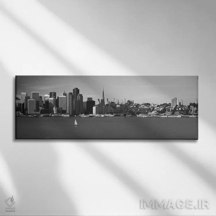 تابلو منظرهٔ گستردهٔ آسماننمای سانفرانسیسکو (سیاه و سفید) اثر هنرمند ناشناس - نمای روبهرو روی دیوار