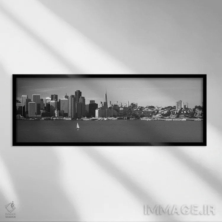 تابلو منظرهٔ گستردهٔ آسماننمای سانفرانسیسکو (سیاه و سفید) اثر هنرمند ناشناس - نمای قابدار مشکی