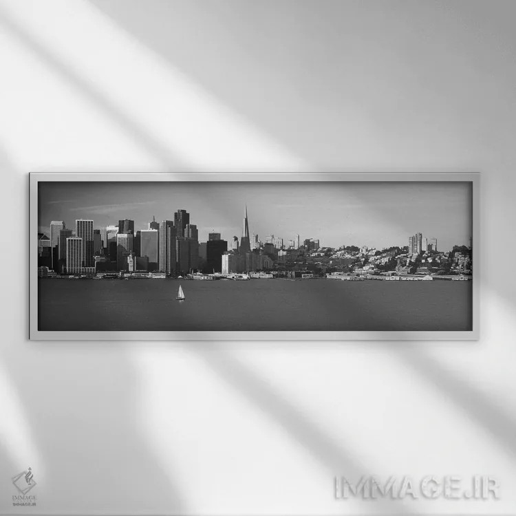 تابلو منظرهٔ گستردهٔ آسماننمای سانفرانسیسکو (سیاه و سفید) اثر هنرمند ناشناس - نمای قابدار سفید