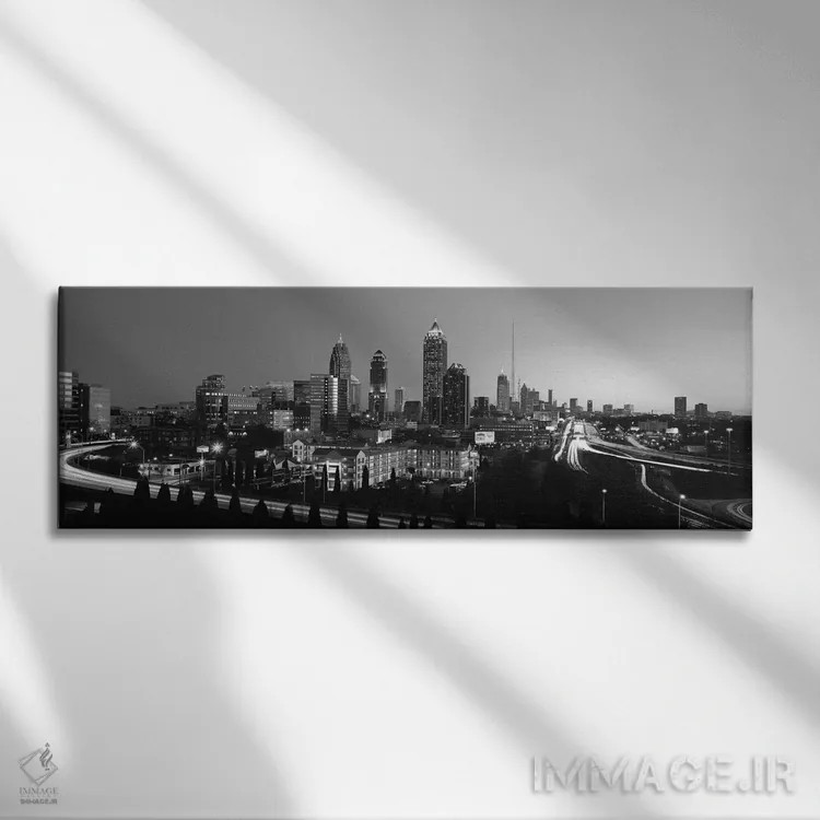 تابلو منظرهٔ گستردهٔ آسماننمای آتلانتا (سیاه و سفید) اثر هنرمند ناشناس - نمای روبهرو روی دیوار