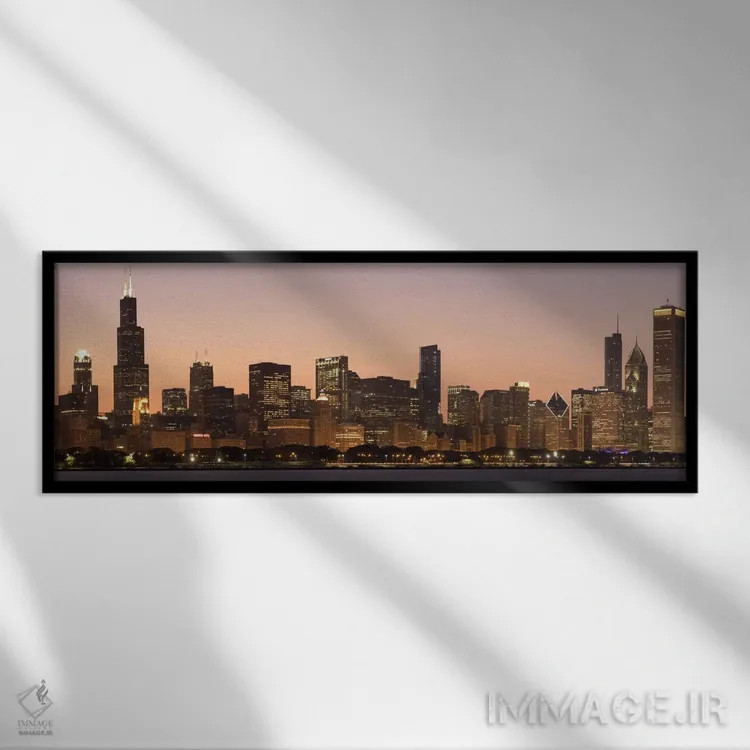 تابلو منظرهٔ گستردهٔ آسماننمای شیکاگو (غروب) اثر هنرمند ناشناس - نمای قابدار مشکی