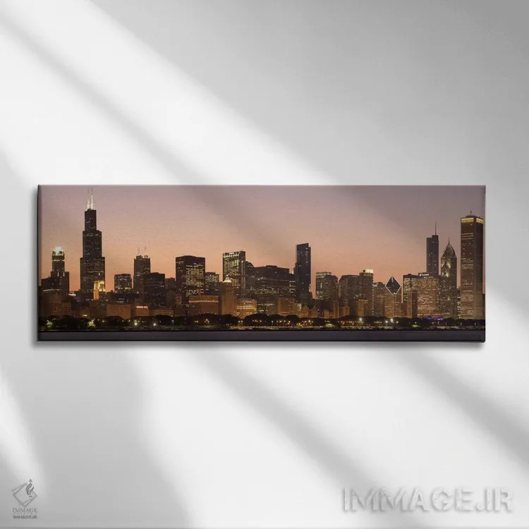 تابلو منظرهٔ گستردهٔ آسماننمای شیکاگو (غروب) اثر هنرمند ناشناس - نمای روبهرو روی دیوار