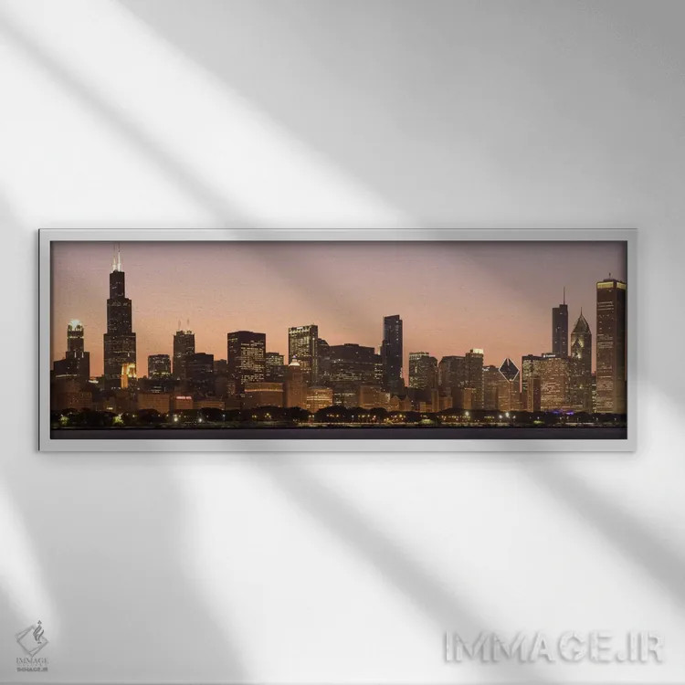 تابلو منظرهٔ گستردهٔ آسماننمای شیکاگو (غروب) اثر هنرمند ناشناس - نمای قابدار سفید