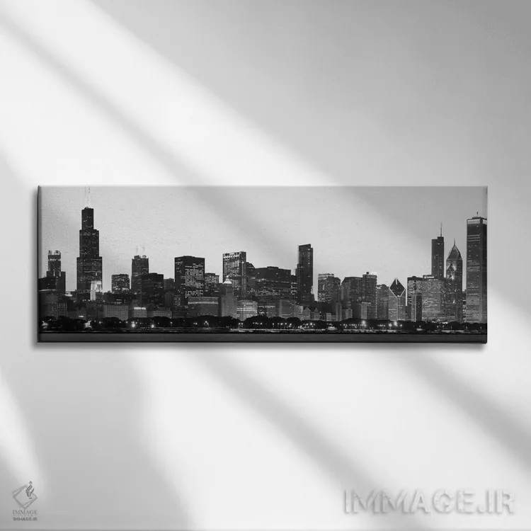 تابلو منظرهٔ گستردهٔ آسماننمای شیکاگو (سیاه و سفید) اثر هنرمند ناشناس - نمای روبهرو روی دیوار