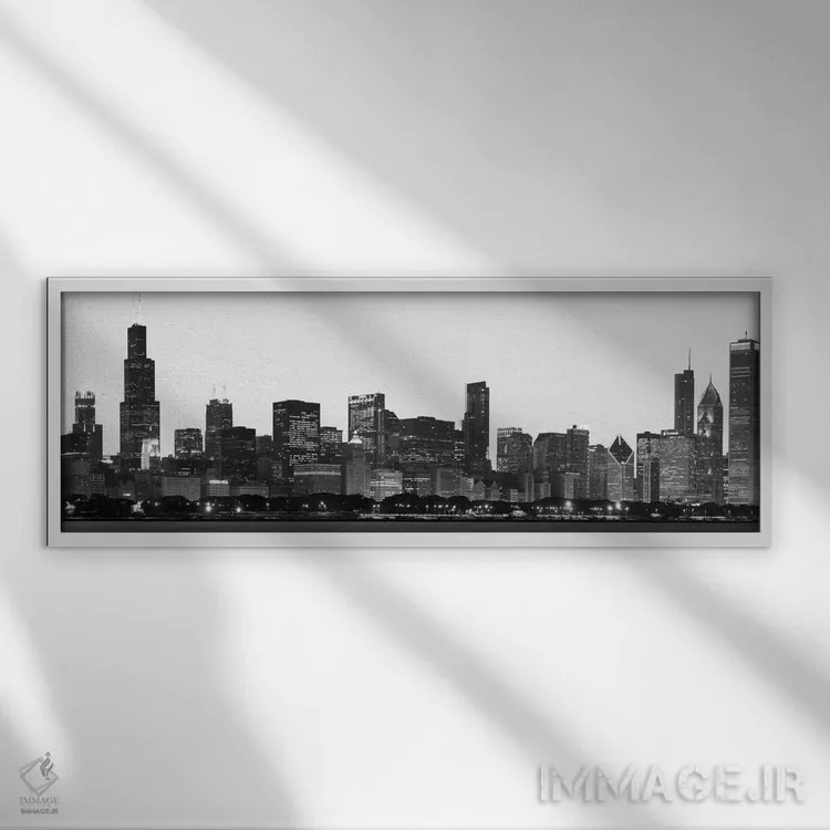 تابلو منظرهٔ گستردهٔ آسماننمای شیکاگو (سیاه و سفید) اثر هنرمند ناشناس - نمای قابدار سفید