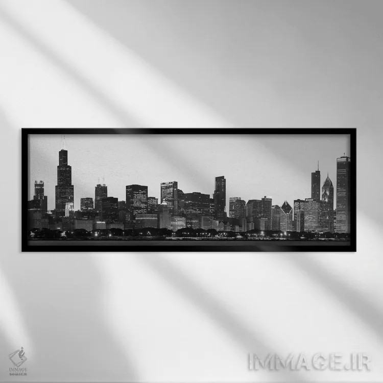 تابلو منظرهٔ گستردهٔ آسماننمای شیکاگو (سیاه و سفید) اثر هنرمند ناشناس - نمای قابدار مشکی