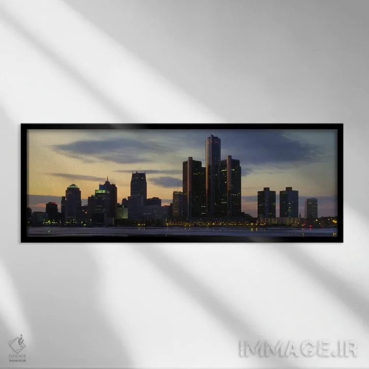 تابلو منظرهٔ گستردهٔ آسماننمای دیترویت (غروب) اثر هنرمند ناشناس - نمای قابدار مشکی