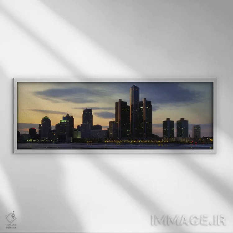 تابلو منظرهٔ گستردهٔ آسماننمای دیترویت (غروب) اثر هنرمند ناشناس - نمای قابدار سفید